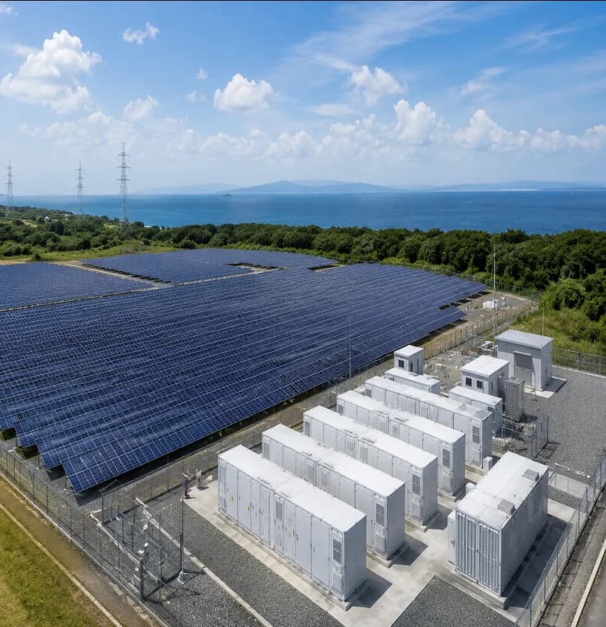 海沿いの太陽光発電所と、併設された蓄電池設備(バッテリーコンテナ)の空撮