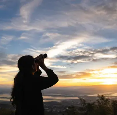夕暮れの丘から遠くの地平を見つめる人物
